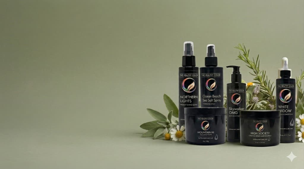 The Healthy Color product lineup with botanical styling on a sage green background