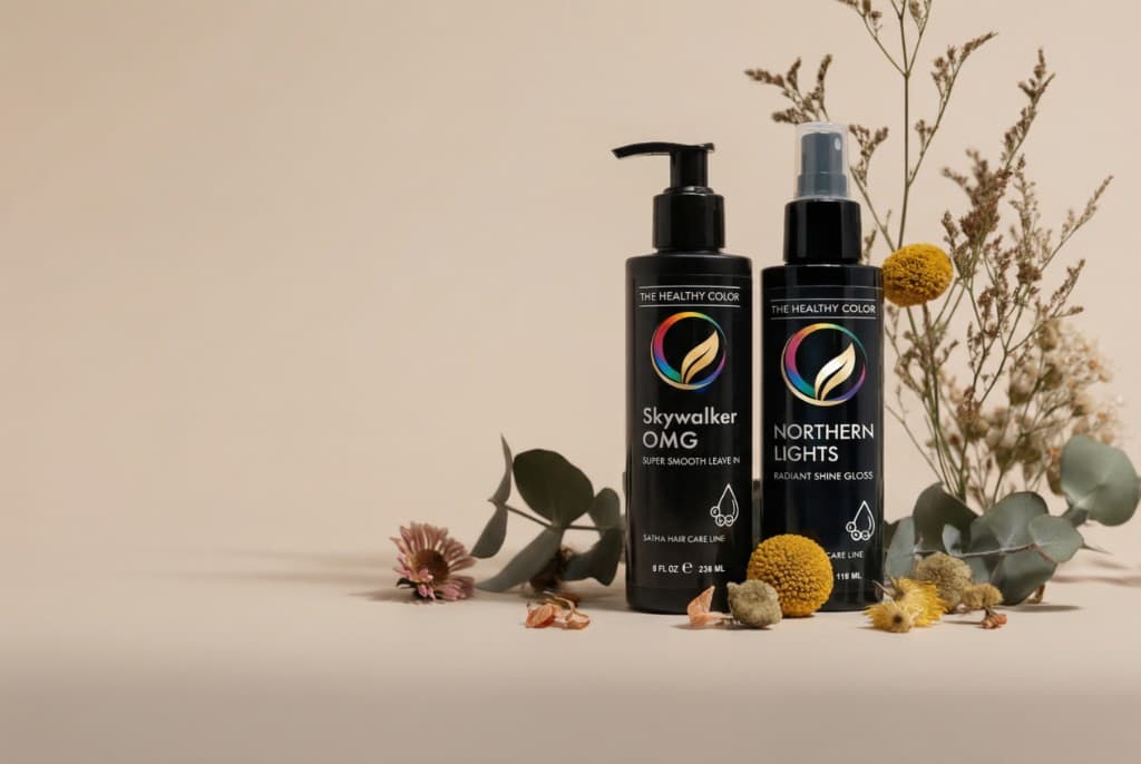 The Healthy Color Skywalker OMG and Northern Lights bottles with dried botanicals